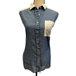 Vintage Women's 1980's Lady O Orweco Blue Cotton Top with Lace Size XL